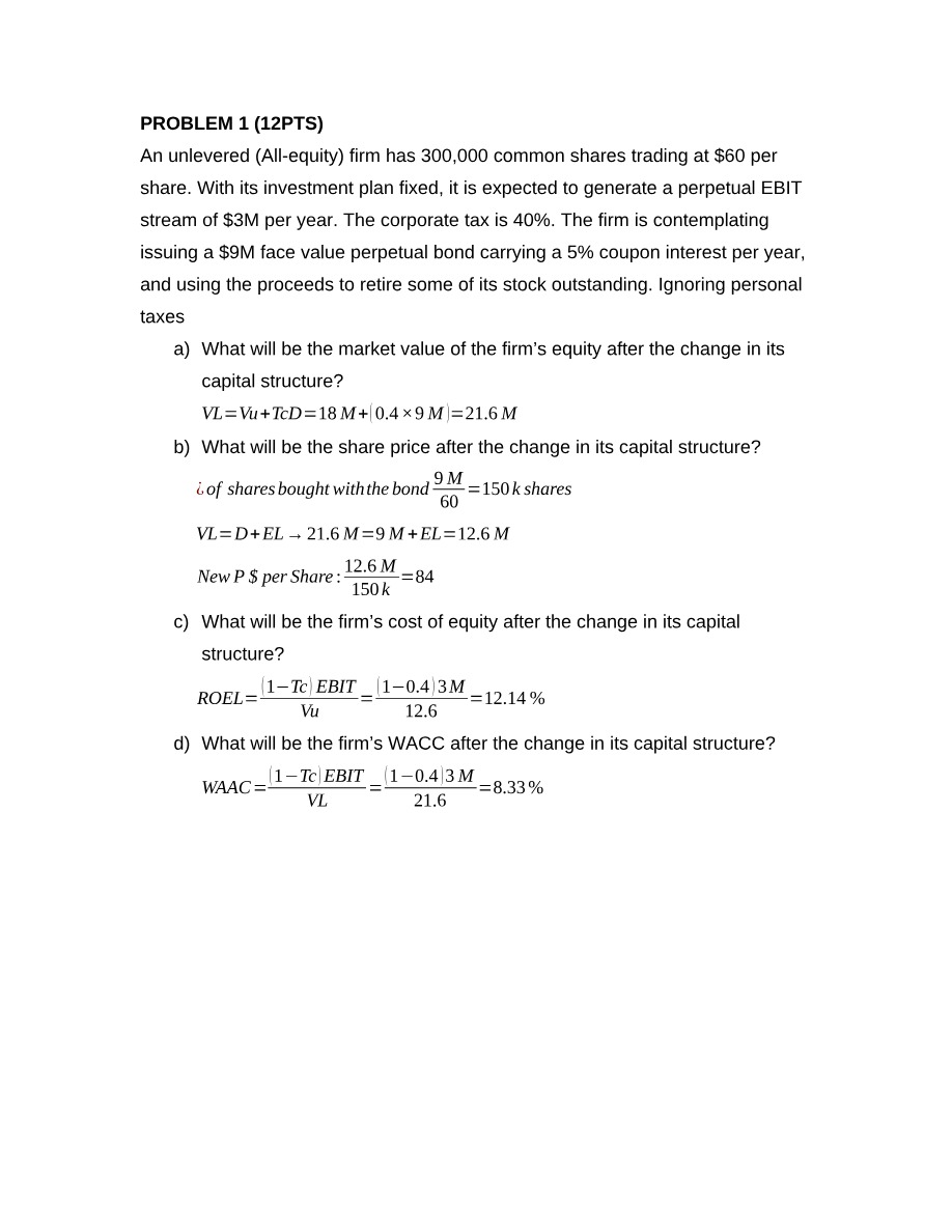 Finance Problems - Capital Structure, Dividends, and Valuation