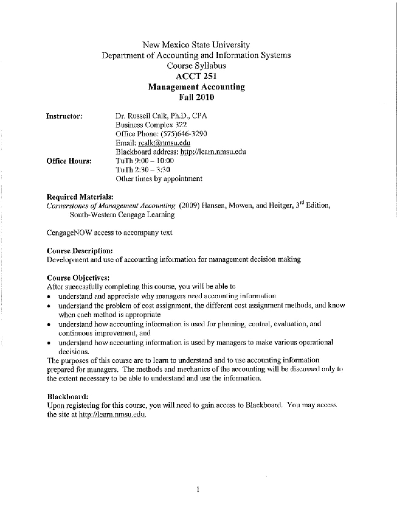 Syllabus for Management Accounting - nan