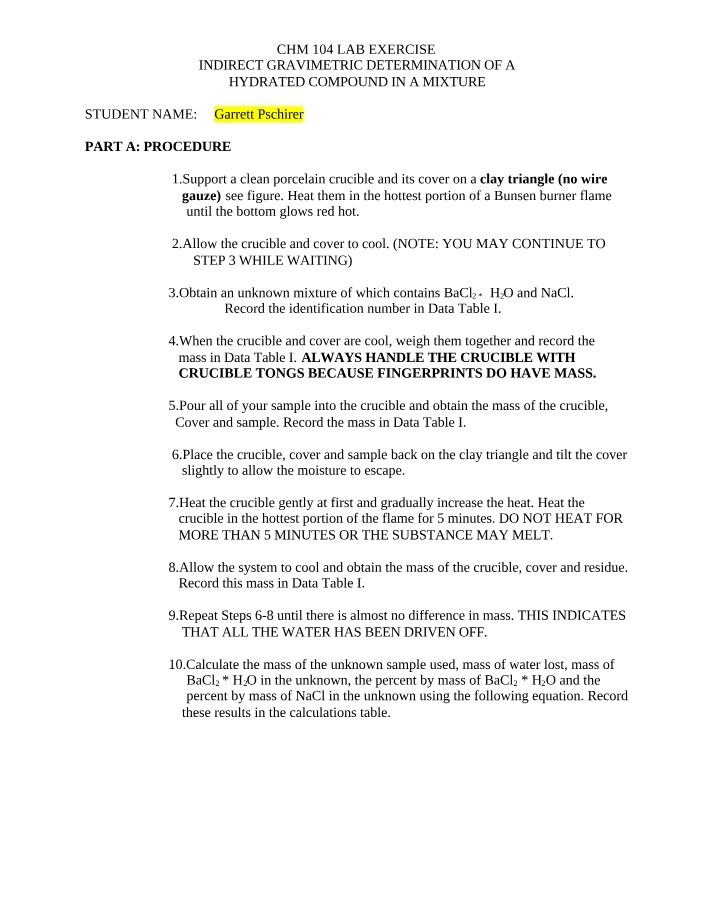 Indirect Gravimetric Determination of Hydrated Compound in a Mixture - Lab
