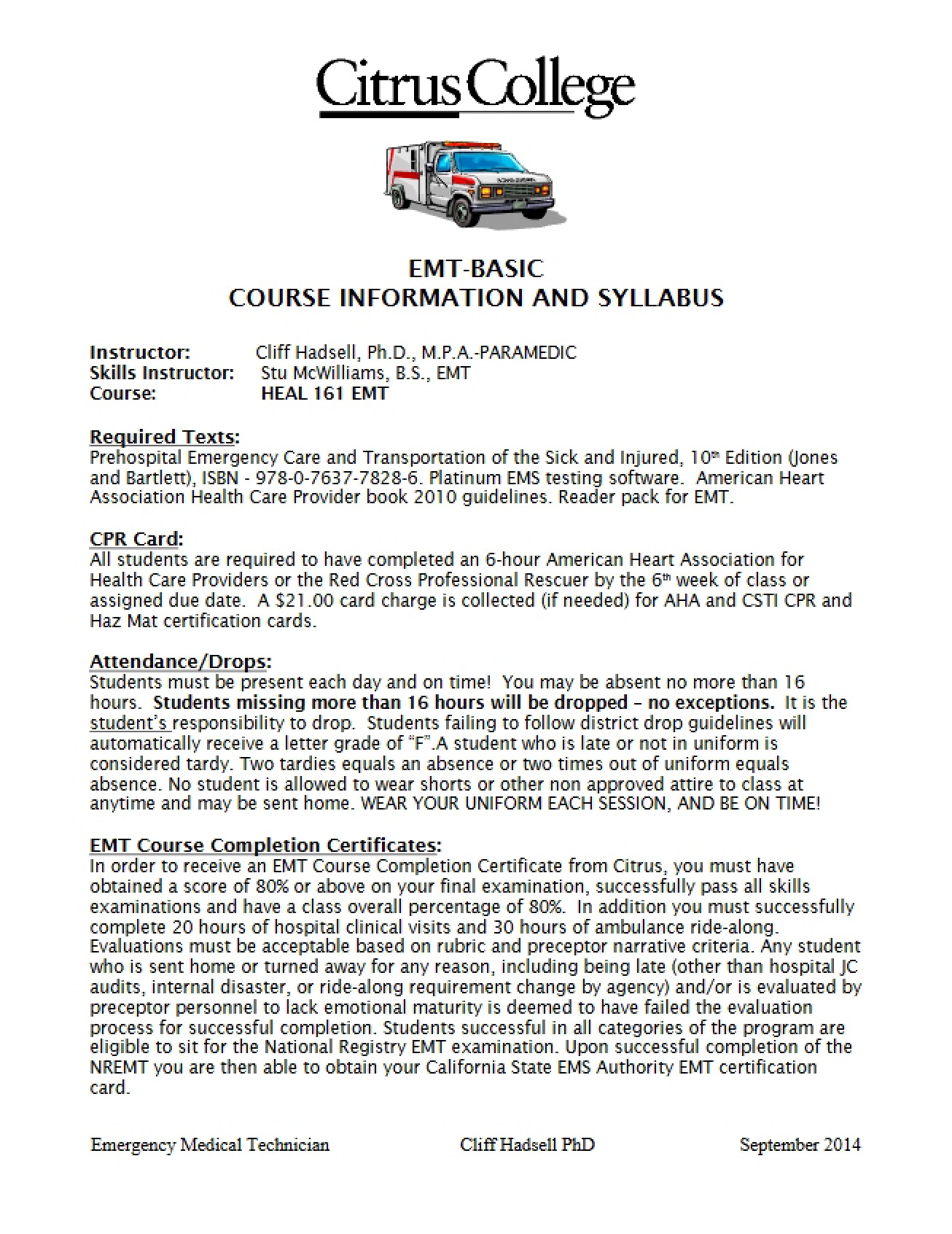 Basic EMT Course Syllabus