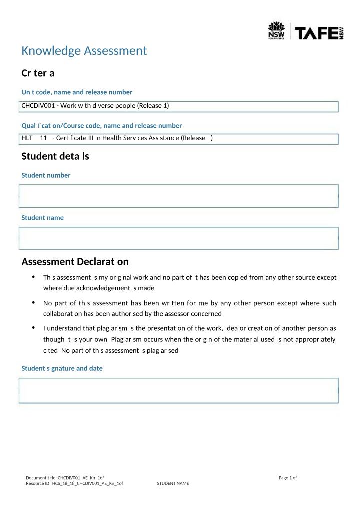CHCDIV001 Knowledge Assessment Section 1 of 2