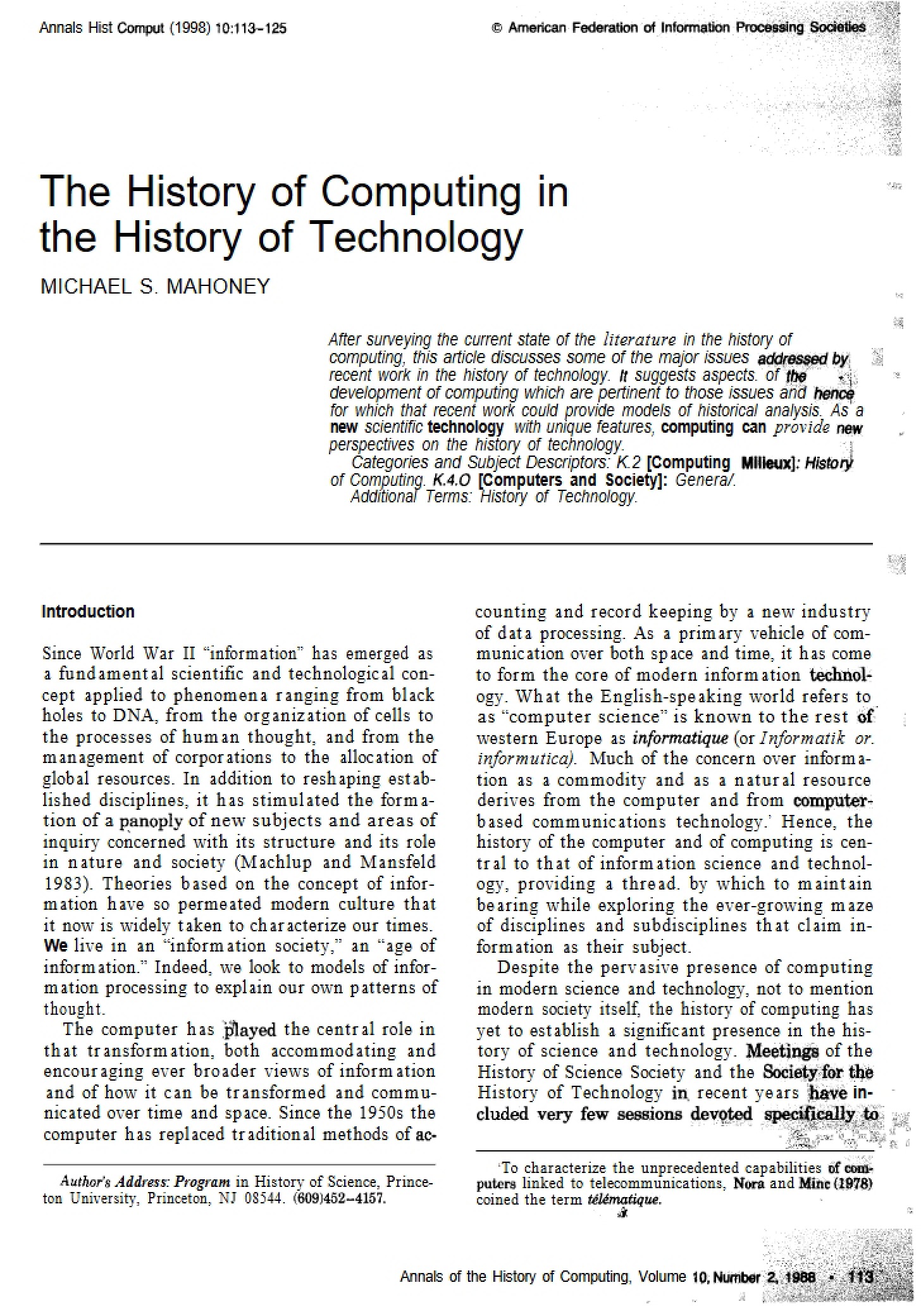 Computing History within Technology History