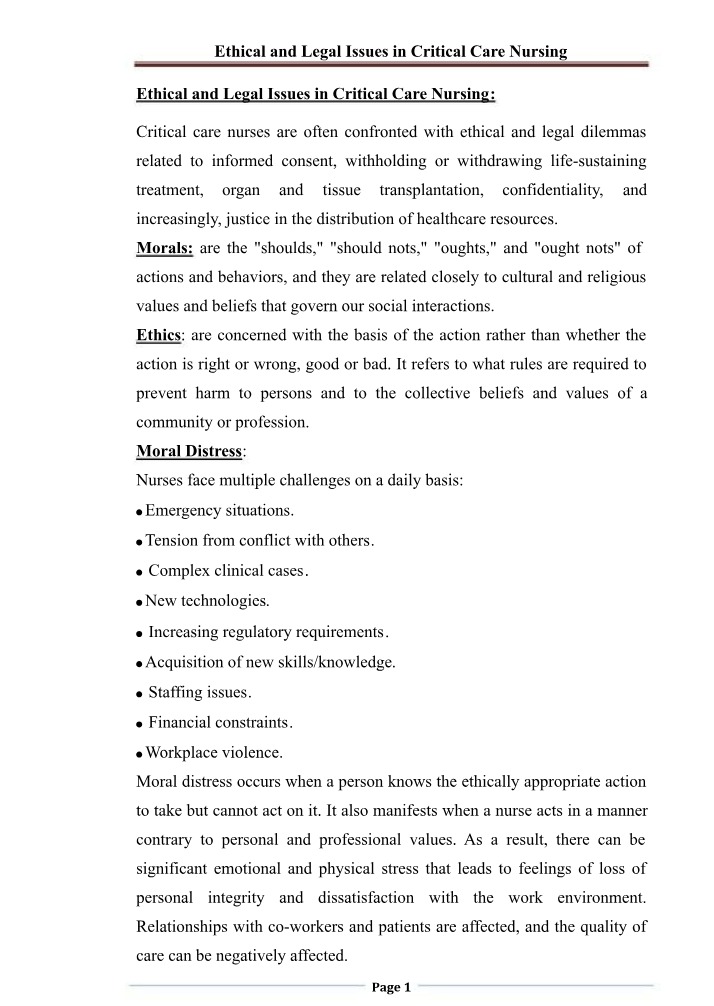 Legal and Ethical Issues in Critical Care Nursing