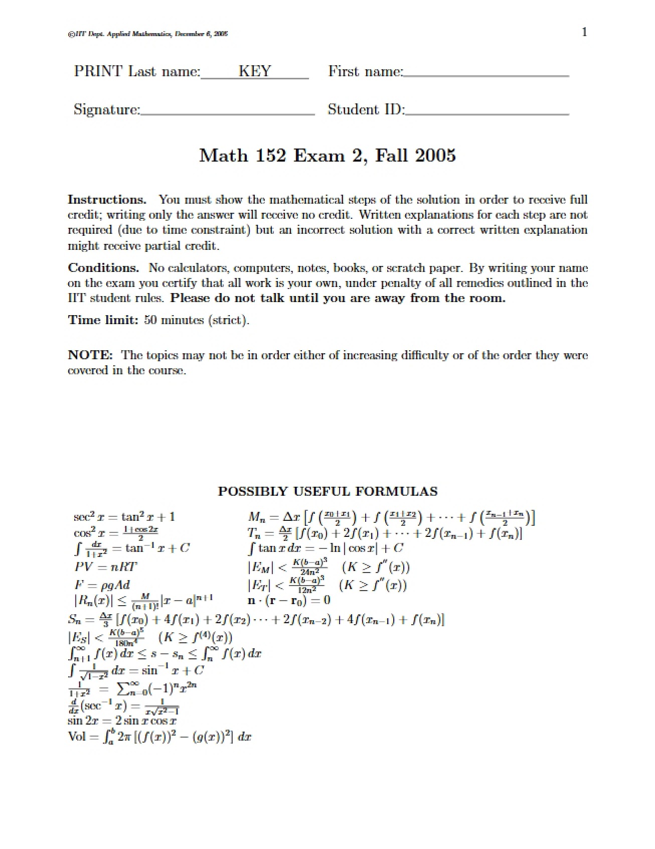 Second Exam for Calculus II