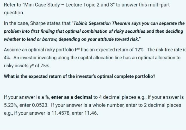 Expected Return of the Optimal Complete Portfolio