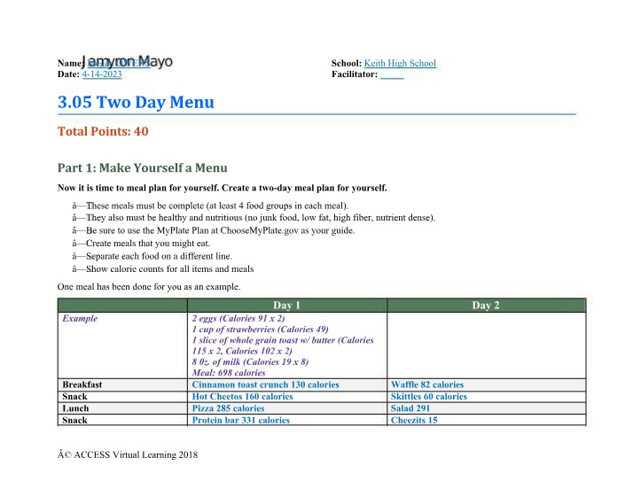 Healthy, Nutritious Two-Day Meal Plan with MyPlate