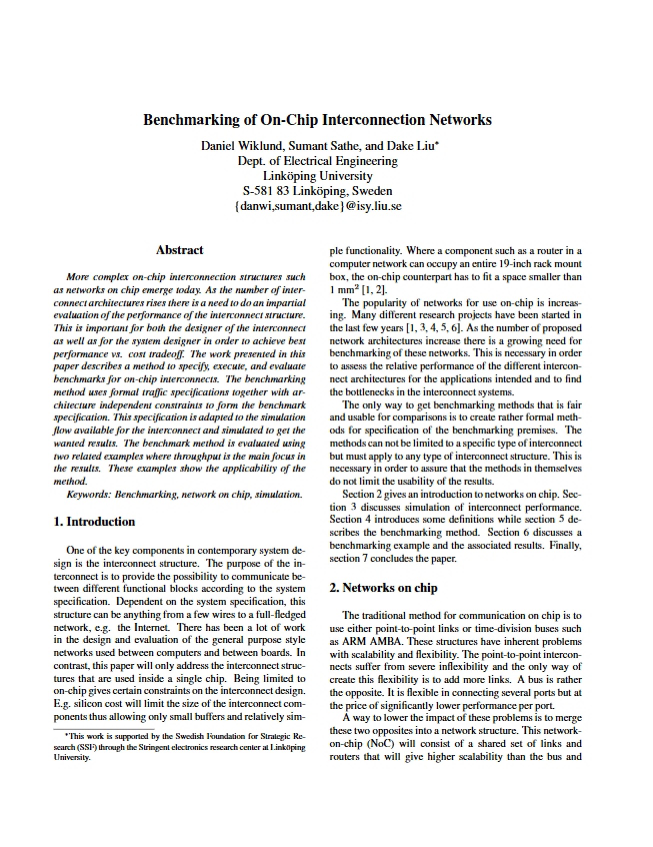 On-Chip Interconnection Network Benchmarking