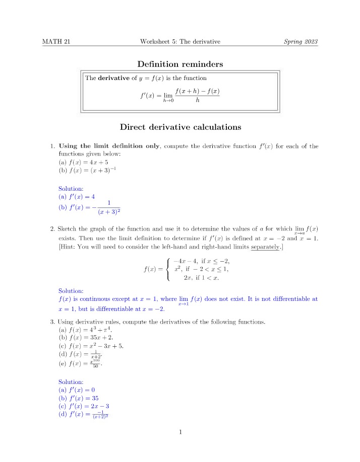 Worksheet 5 Answers for Math 21