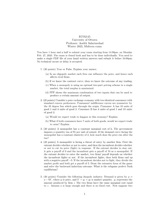 Winter 2023 Midterm Exam - ECO 2145