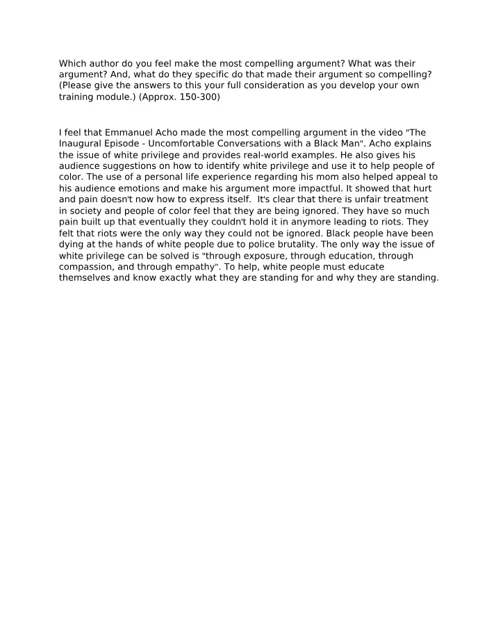 White Privilege Impact - Argument by Emmanuel
