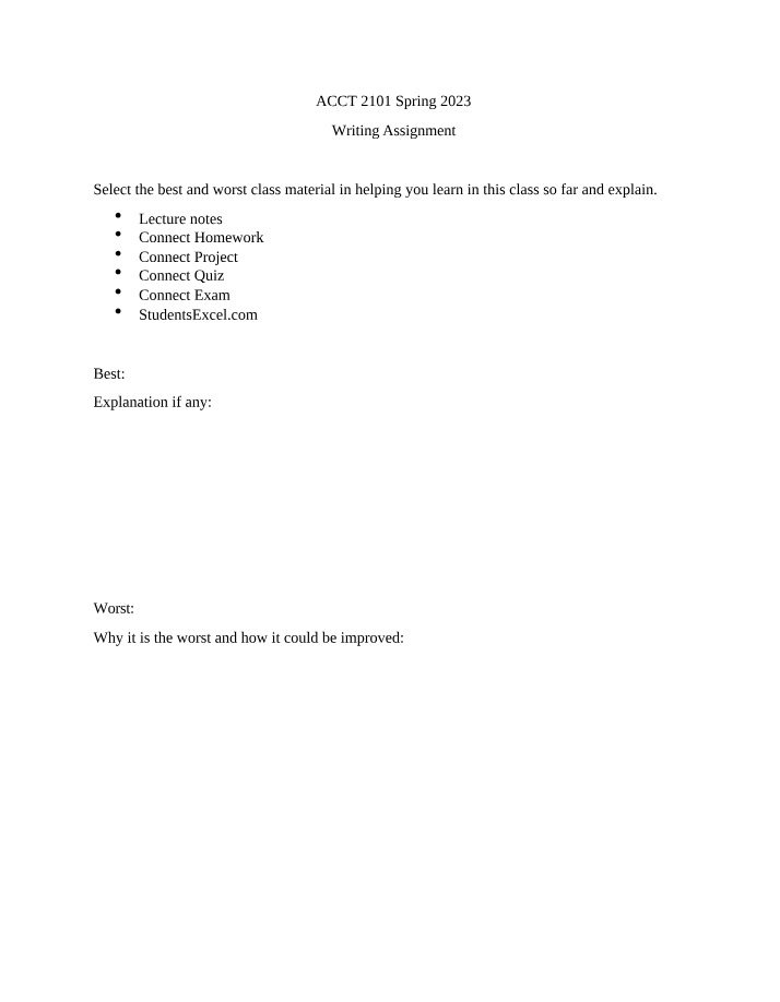 Writing Assignment - ACCT 2101 Spring 2023
