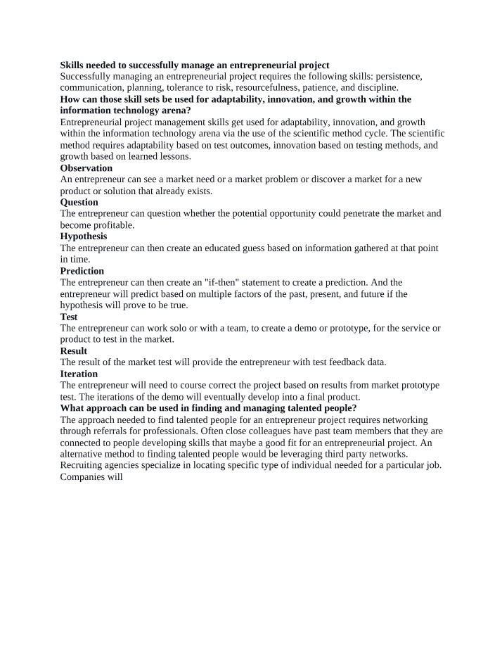 Skills for Successful Management of an Entrepreneurial Project