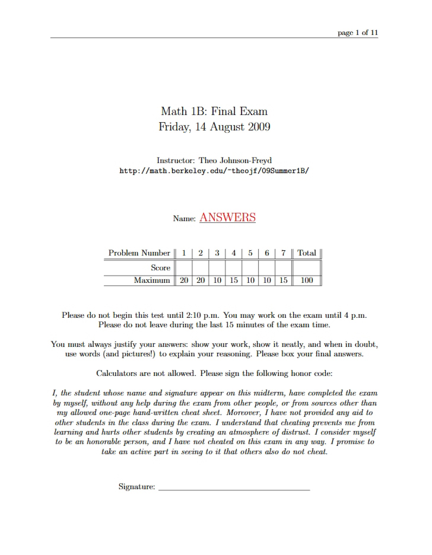 Final Exam Math 1B