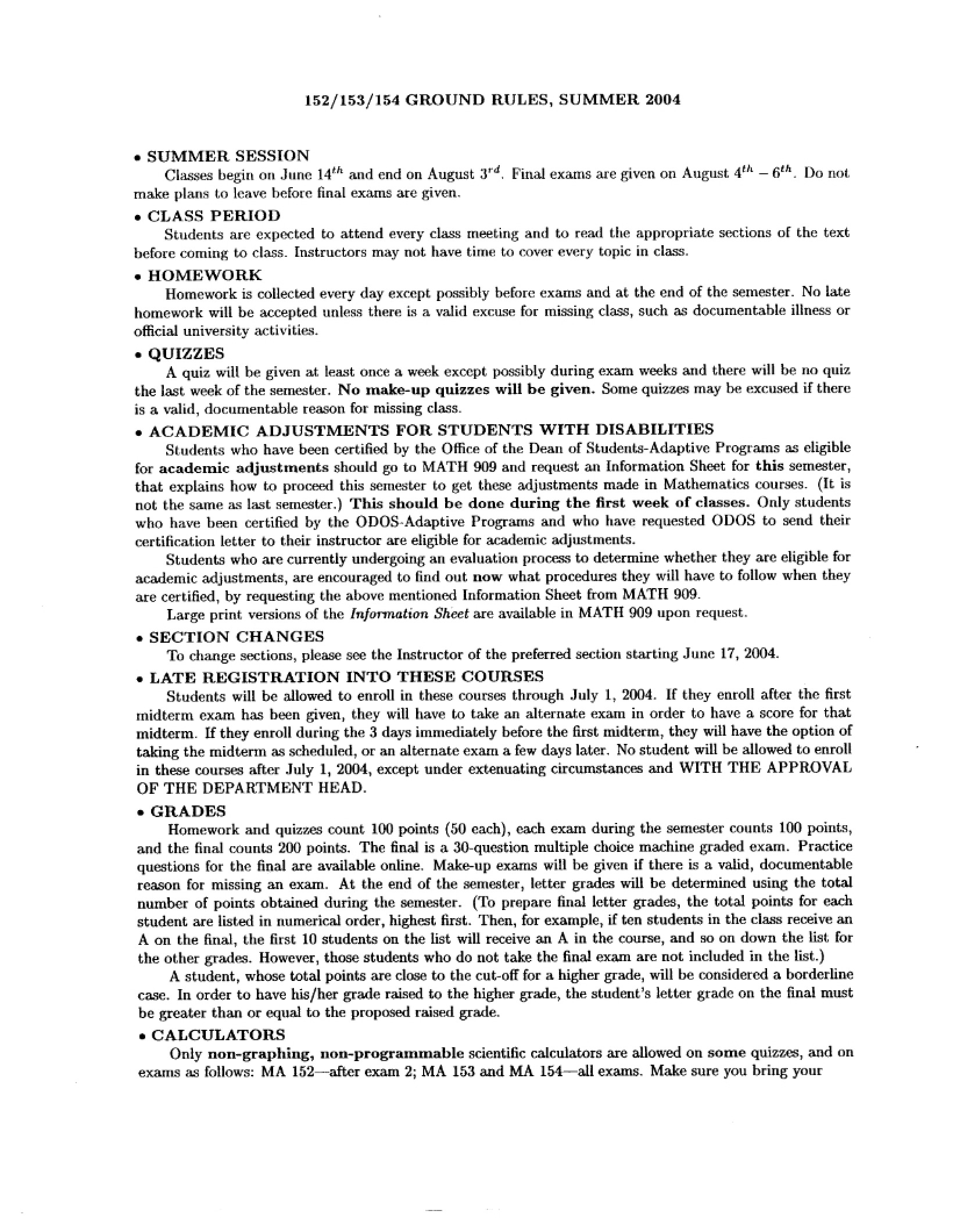 Class Guidelines