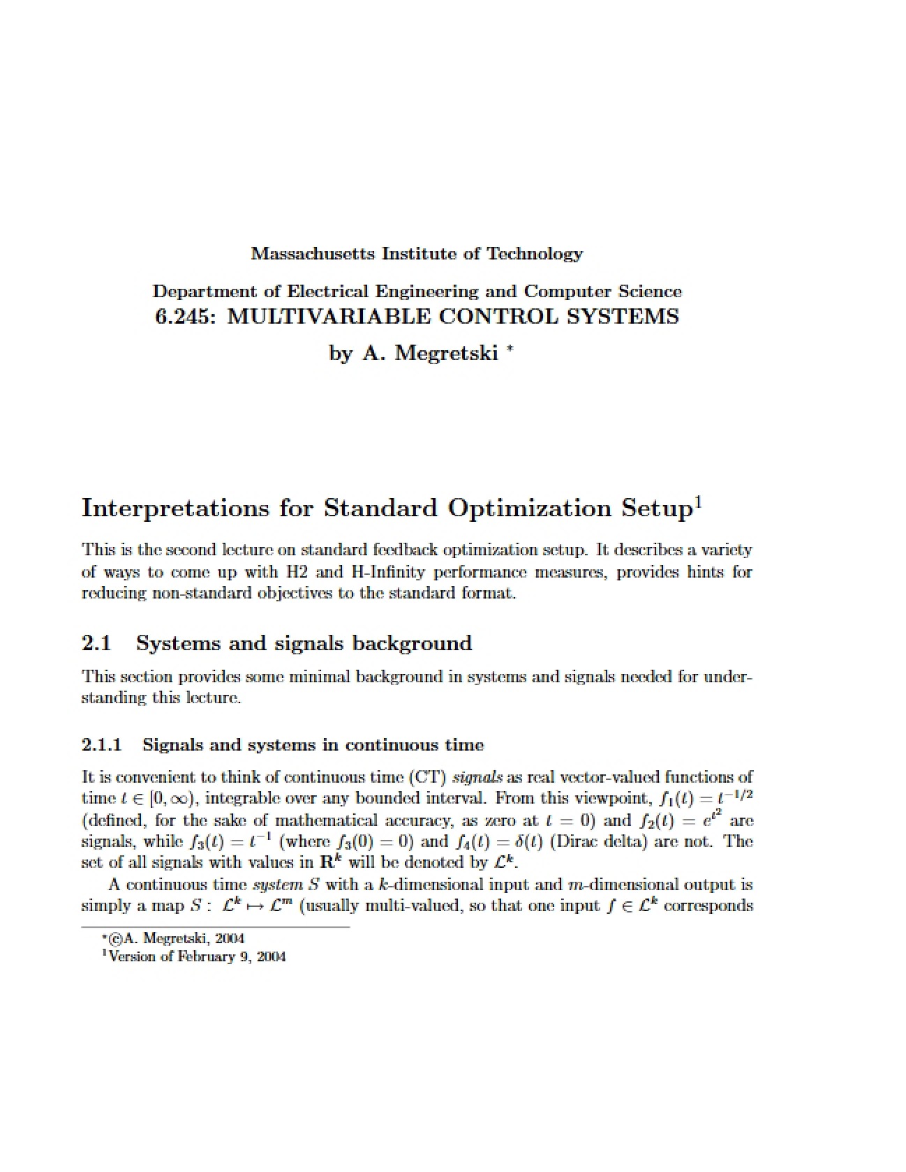 Multivariable Control Class Notes