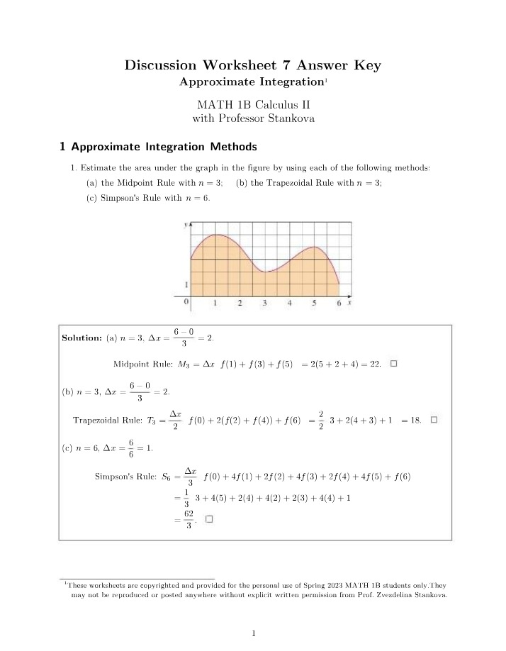 Answer Key for Approximate Integration