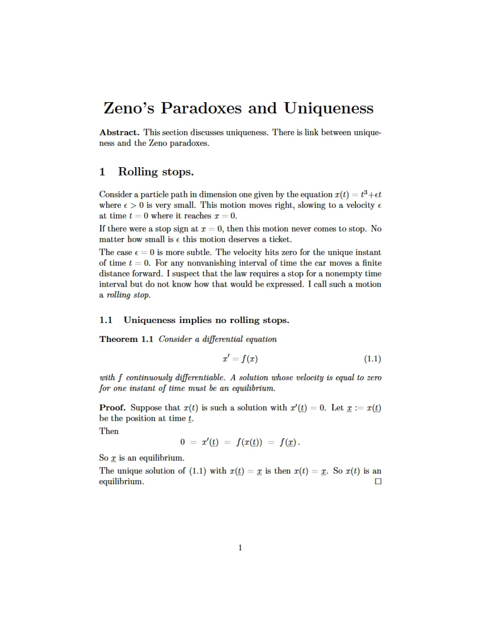 Uniqueness and Zeno's Paradoxes