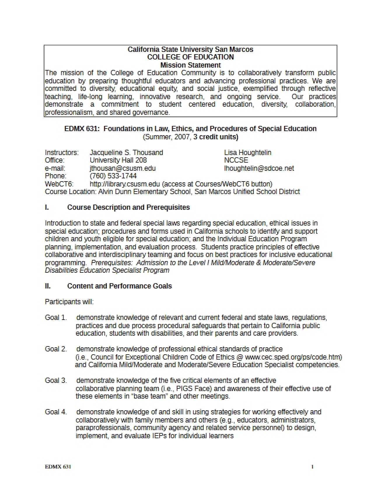 Thousand Special Ed Law Syllabus