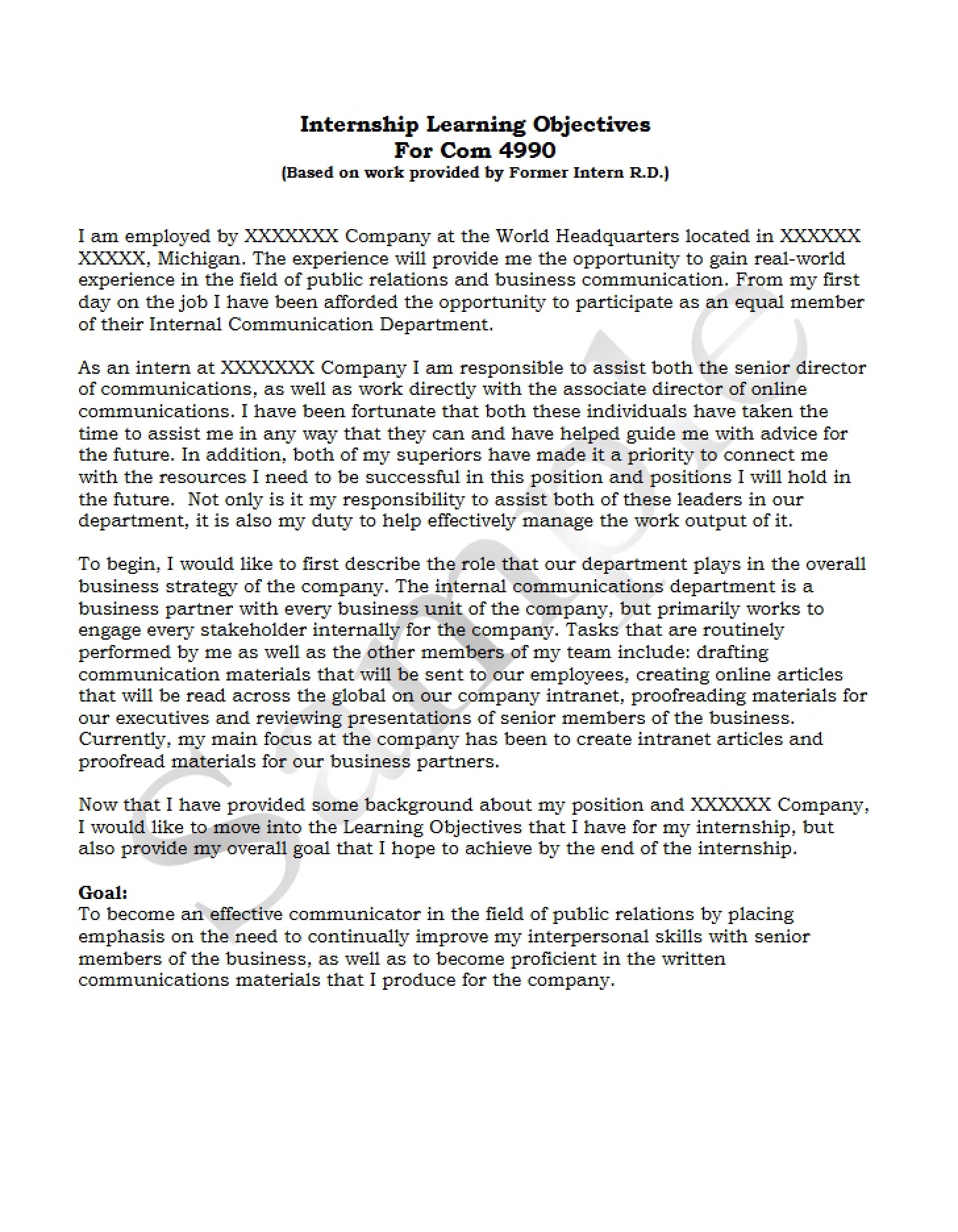 Learning Objectives for Internship