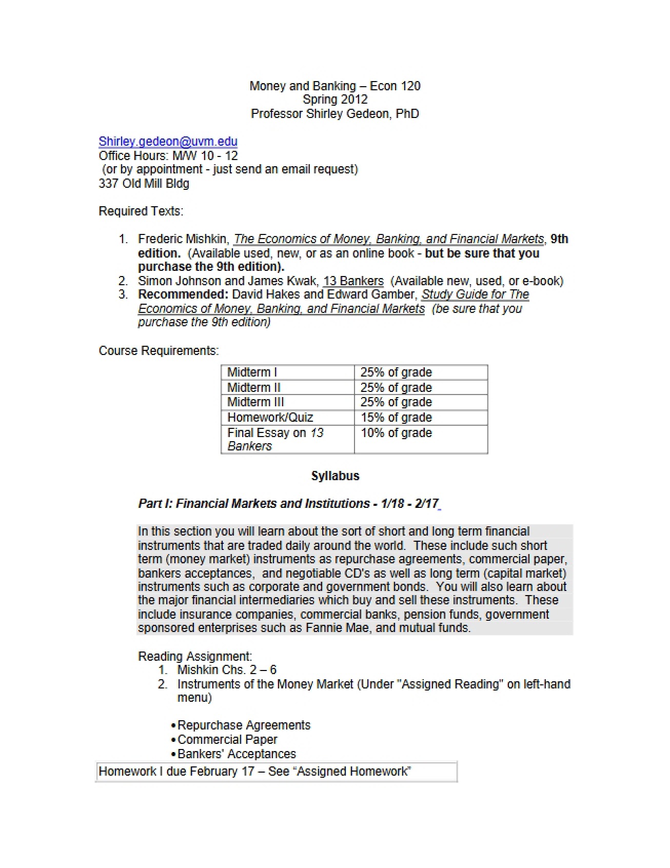 EC 120 Money and Banking Syllabus