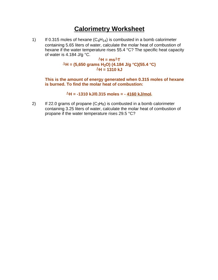 Worksheet on Calorimetry