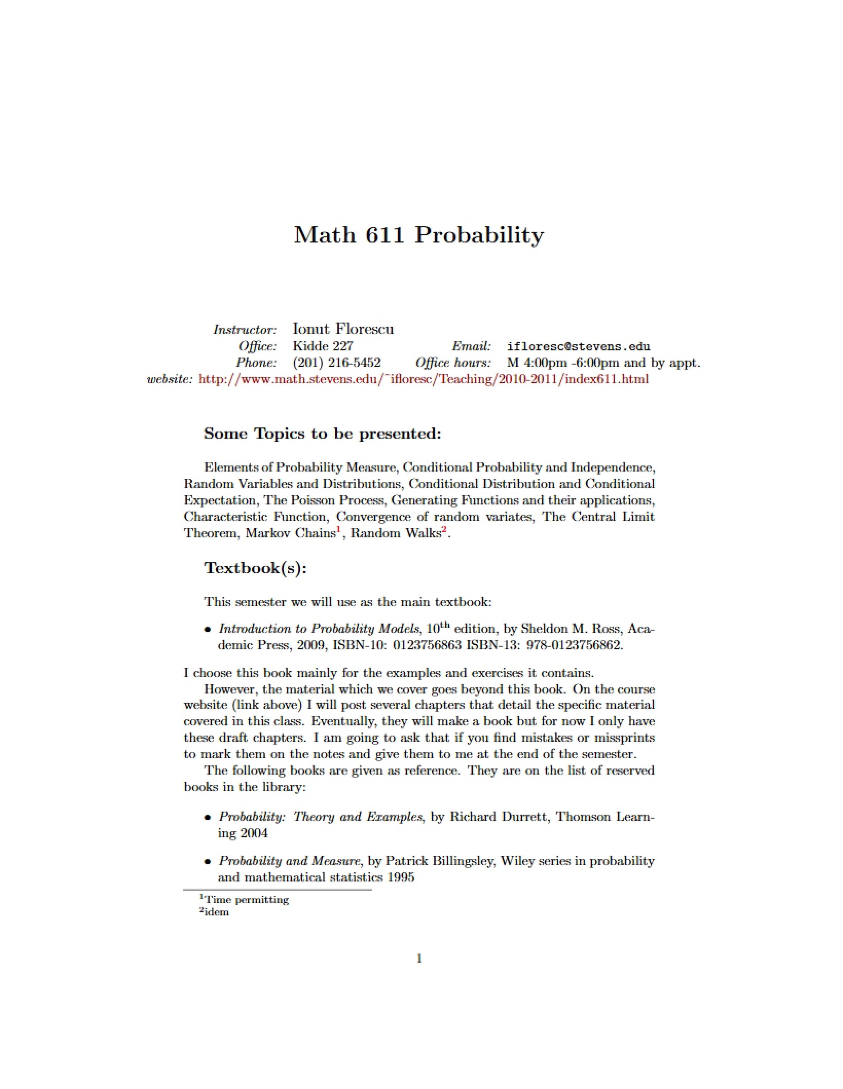 Probability Course Syllabus