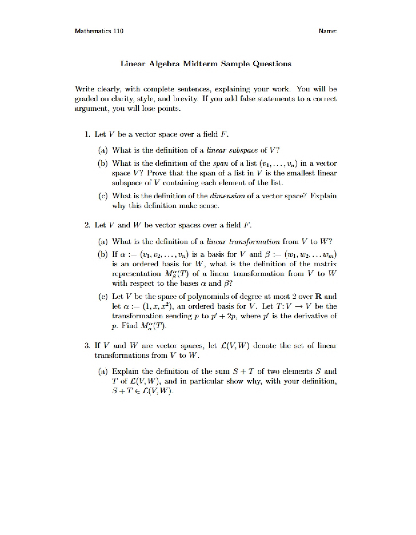 Sample Questions for Linear Algebra Midterm