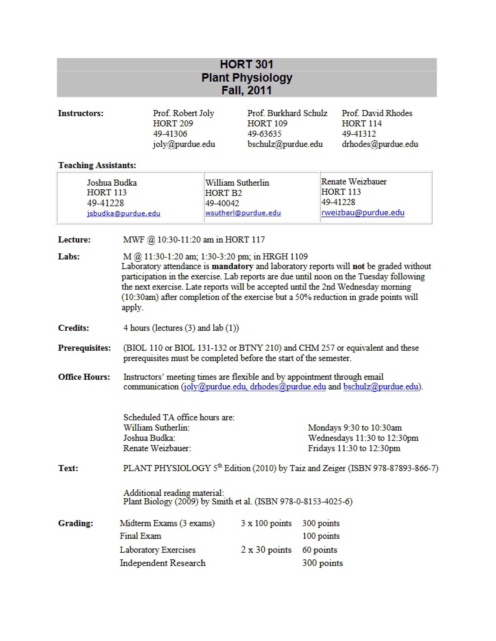 Plant Physiology Syllabus