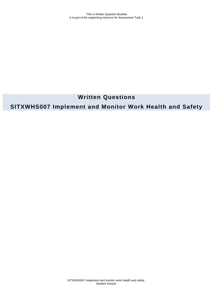 SITXWHS007 WHS Written Questions Booklet