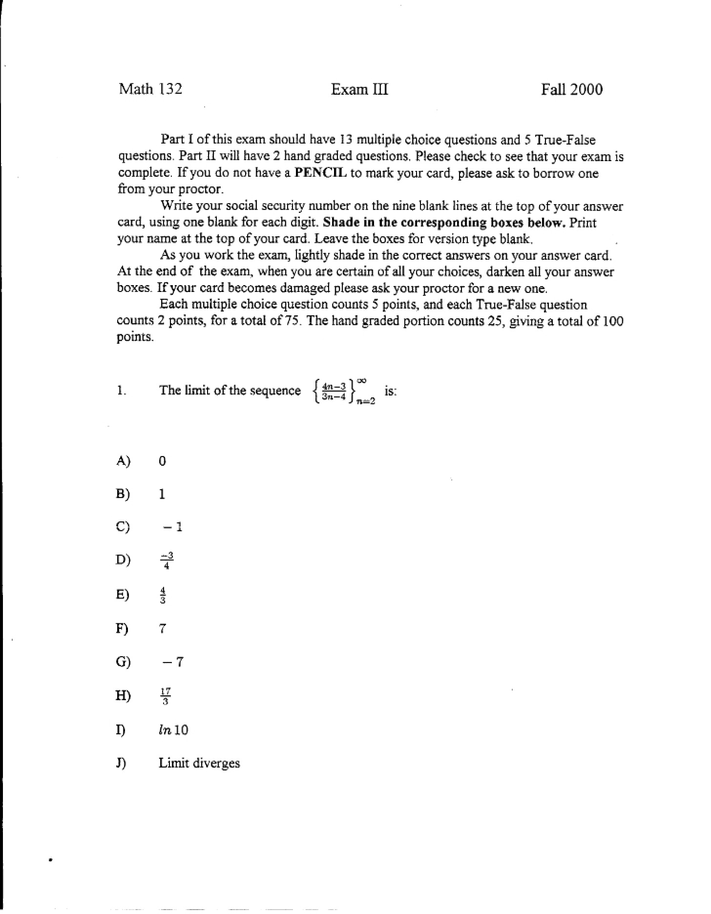 Math 132 Exam Three Questions - Fall 2000