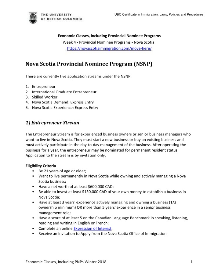 Economic Classes including PNPs Winter 2018 Handout