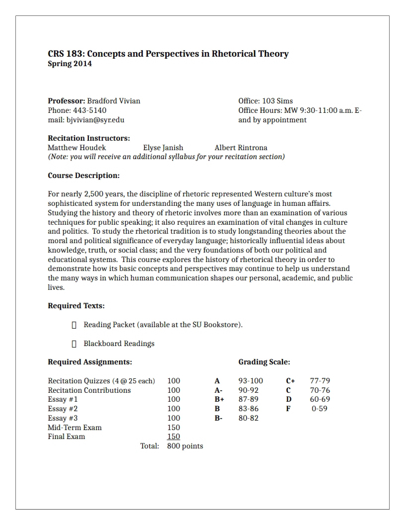 Rhetorical Studies Course Syllabus