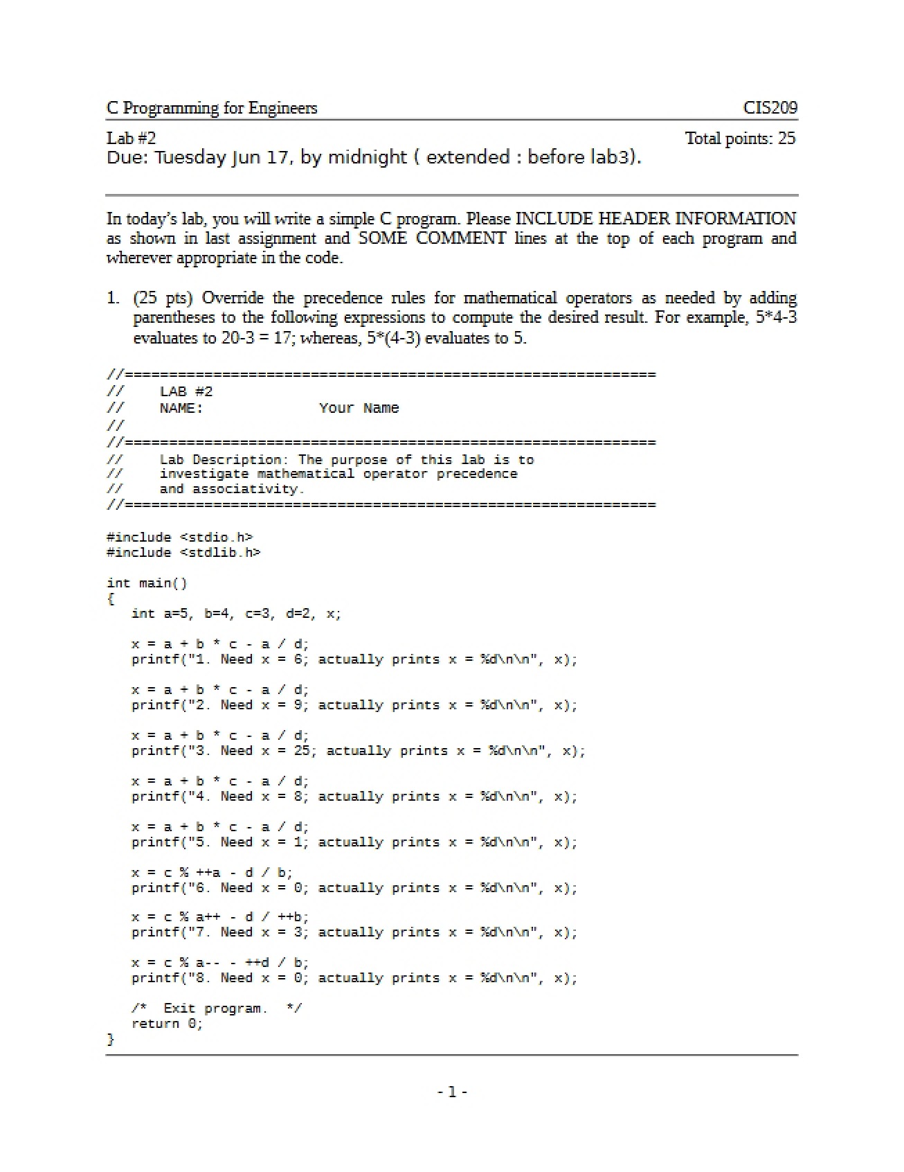 Second Lab for a C Programming for Engineers Course