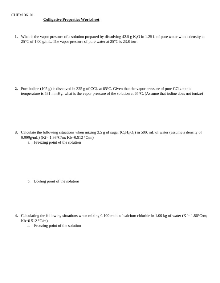 Worksheet on Colligative Properties