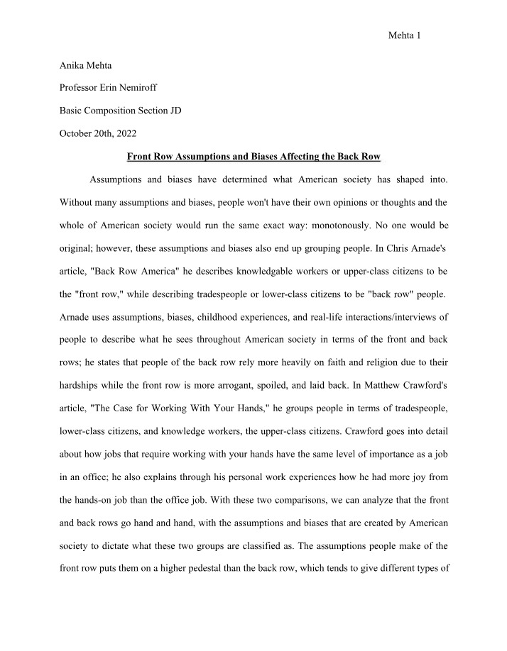 Front Row Assumptions and Biases Affecting the Back Row - Essay by Anika Mehta