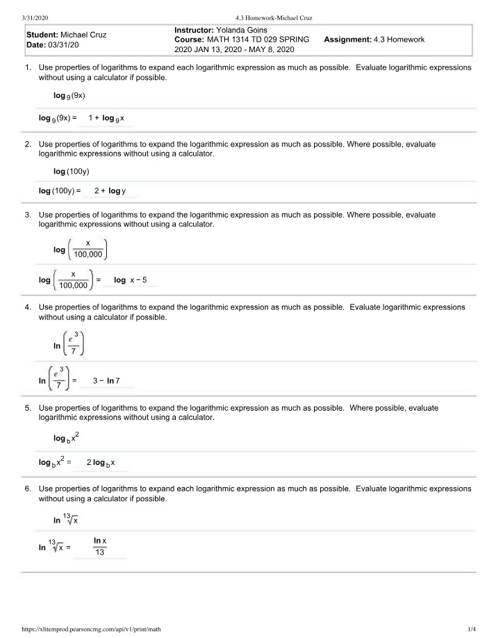 Section 4.3 Homework