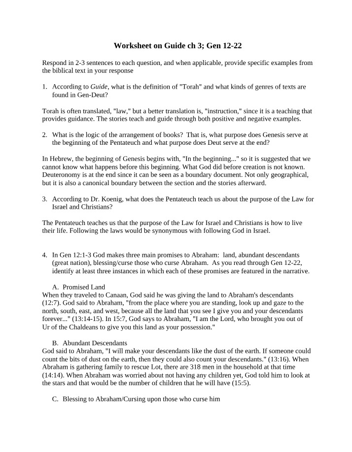 Worksheet on Guide Ch 3 and Genesis 12-22