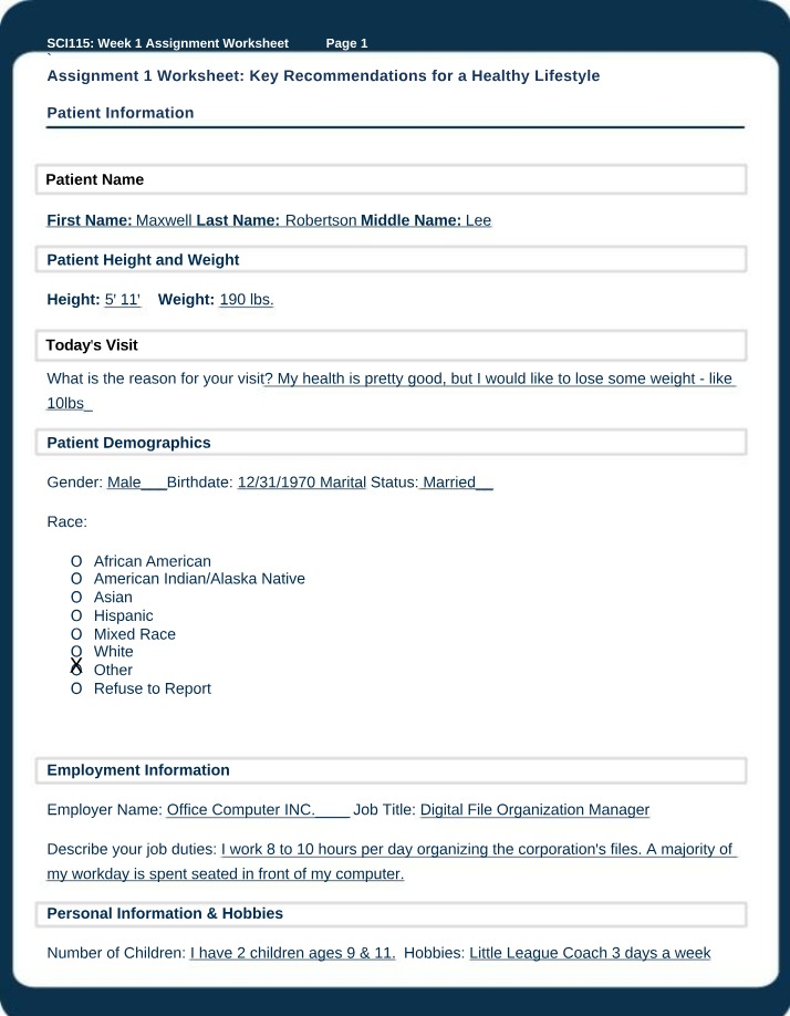 Assignment 1 - Key Recommendations for a Healthy Lifestyle Worksheet