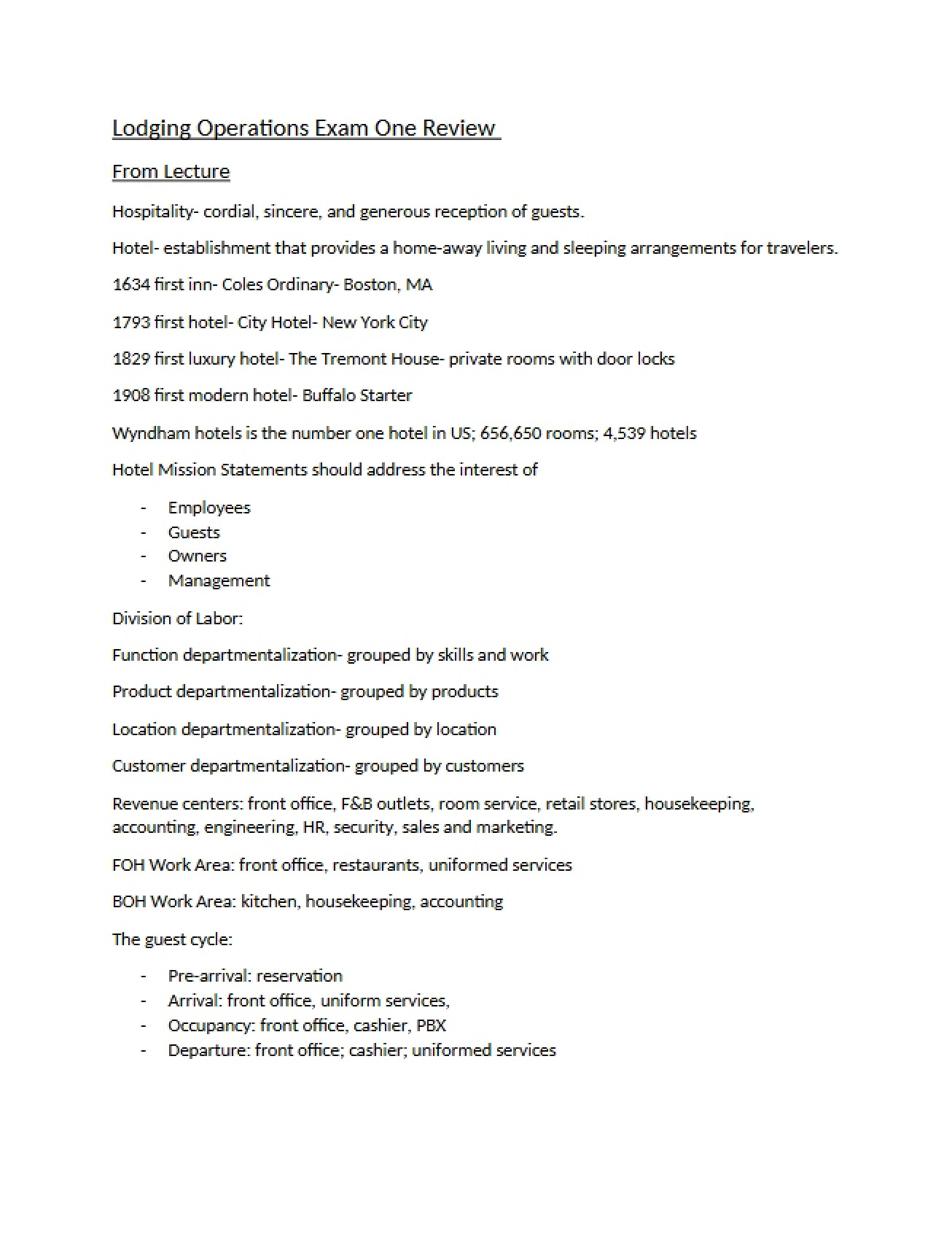 Exam 1 Review Lodging Operations
