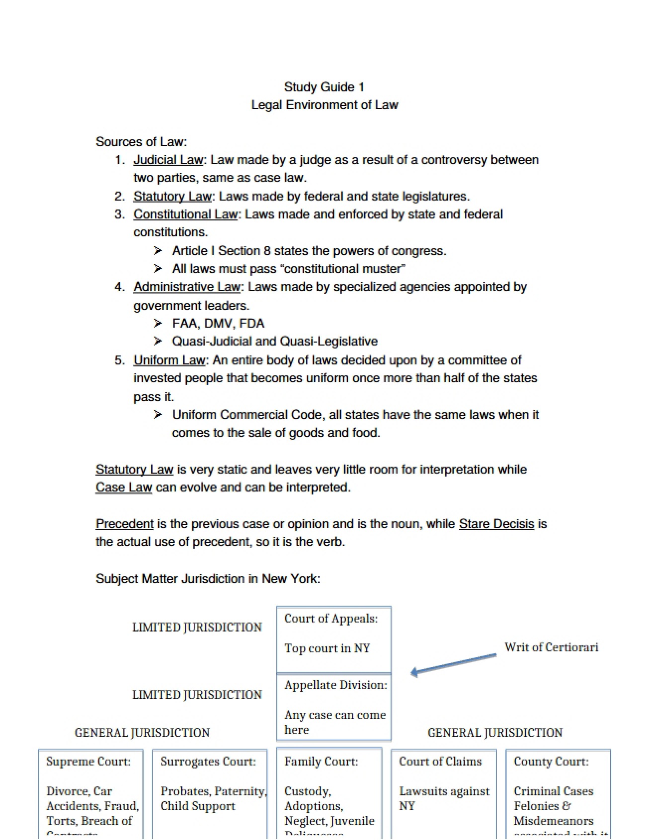 Study Guide for the First Exam in Foundations in Law and Justice