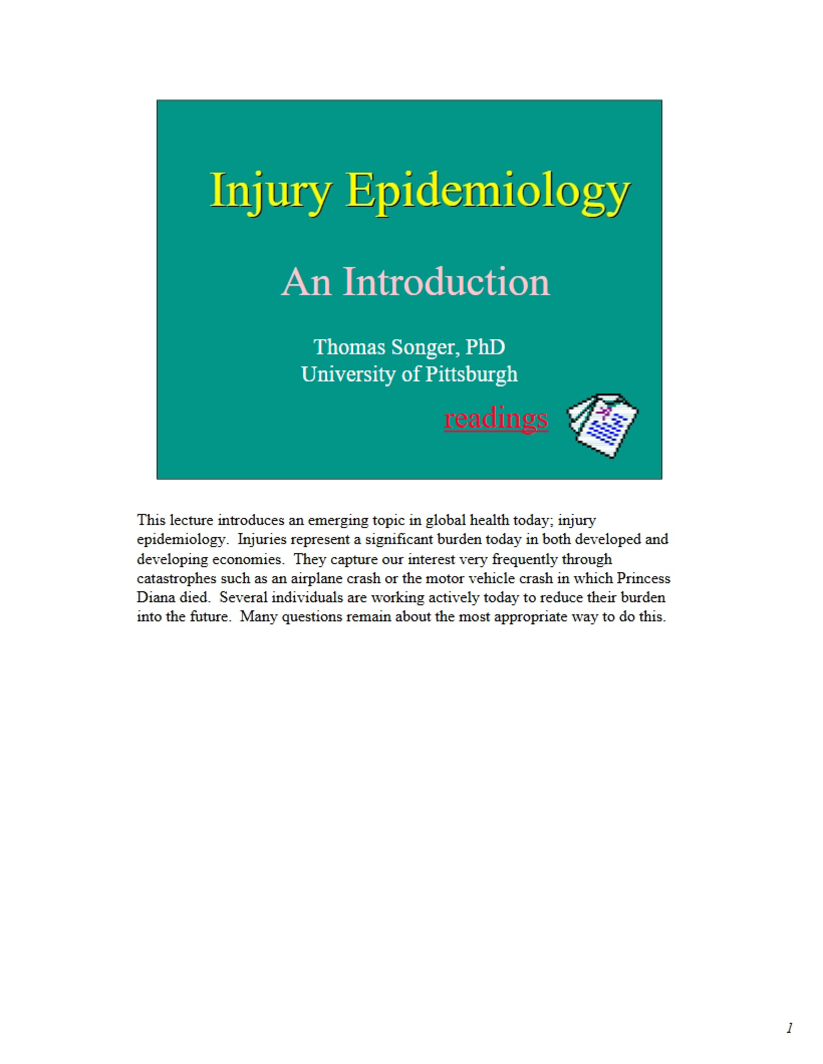 Notes on Injury Epidemiology