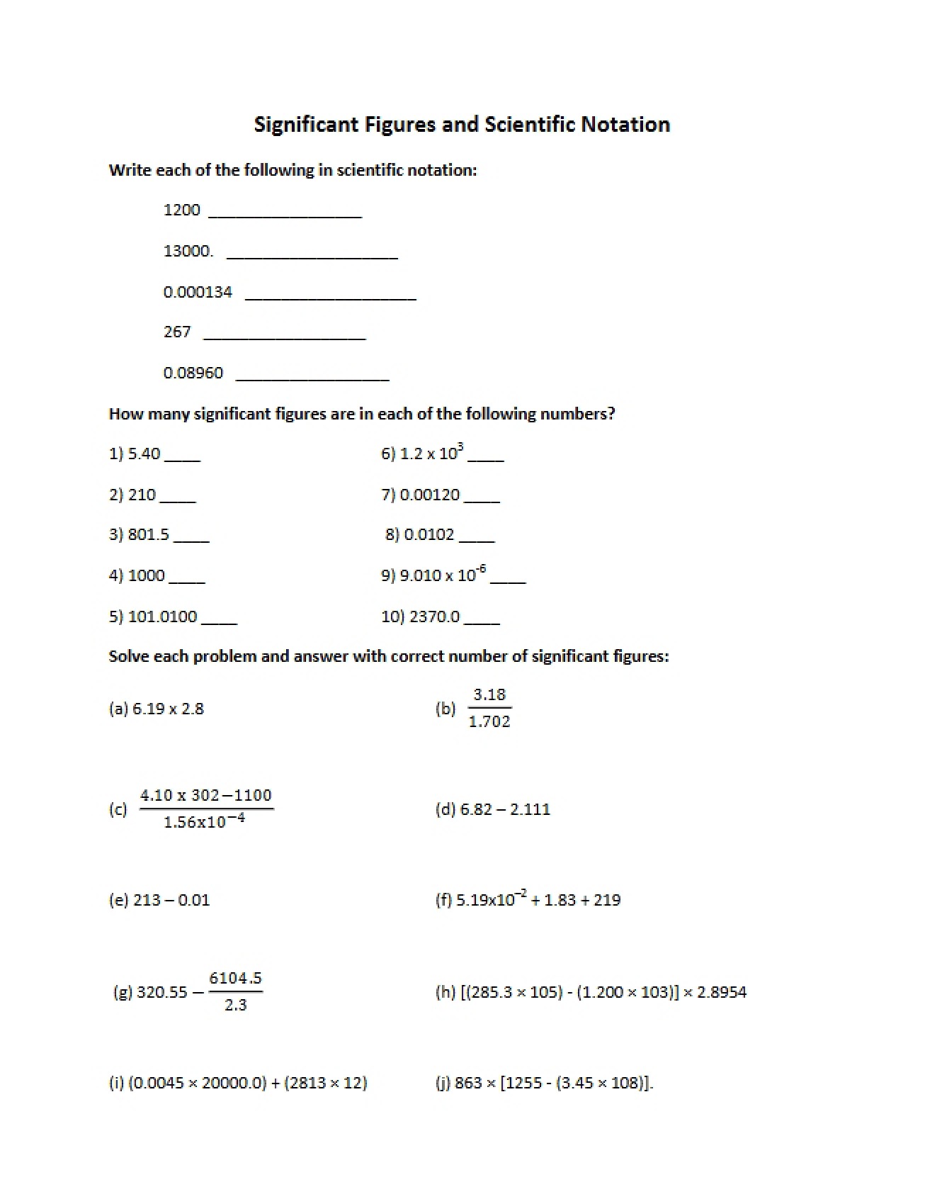 General Worksheet for the College Chemistry Course