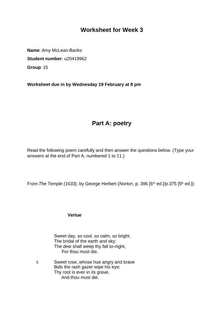 Week 3 Worksheet - Analyzing George Herbert's Vertue