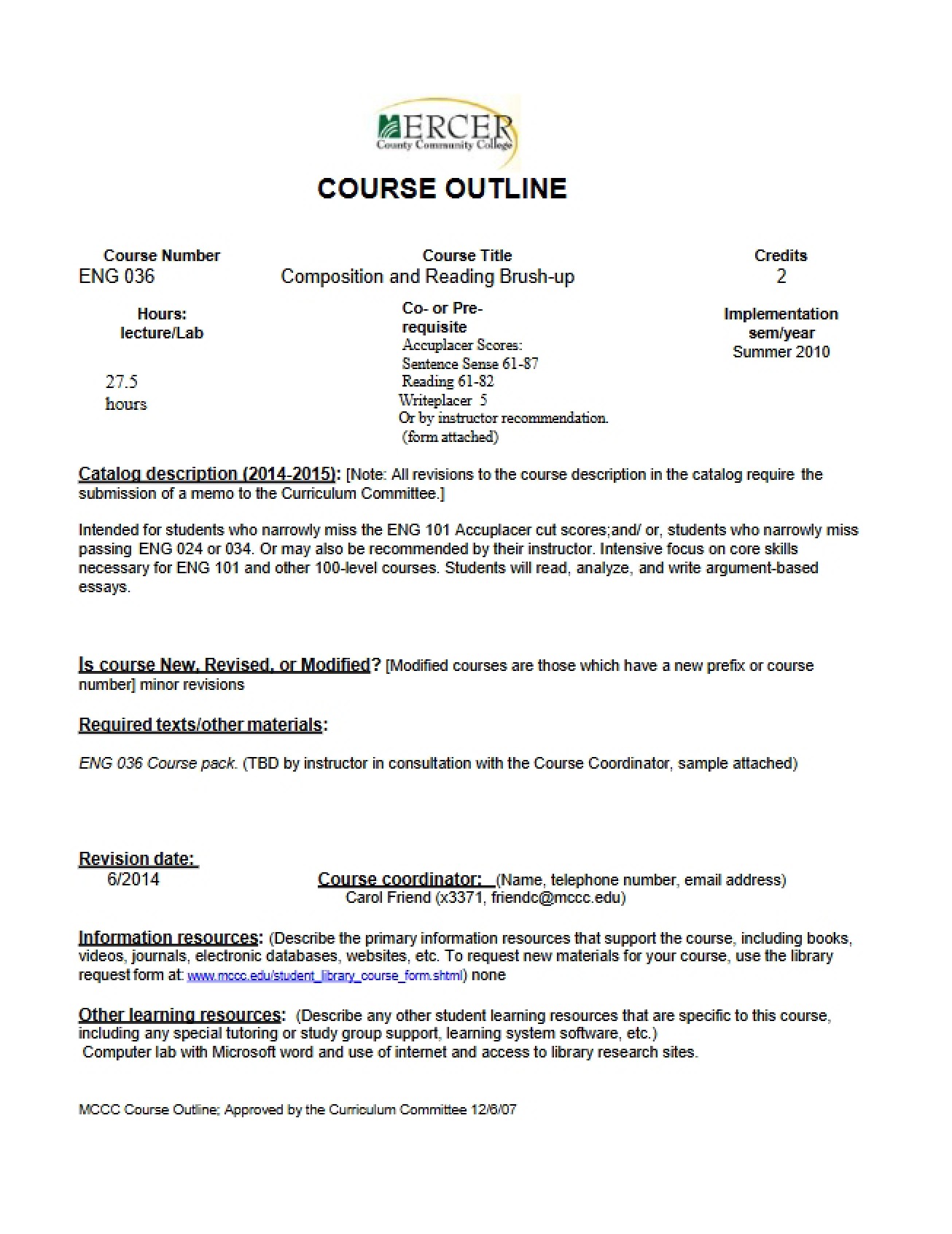 Reading and Composition Brush-Up Outline