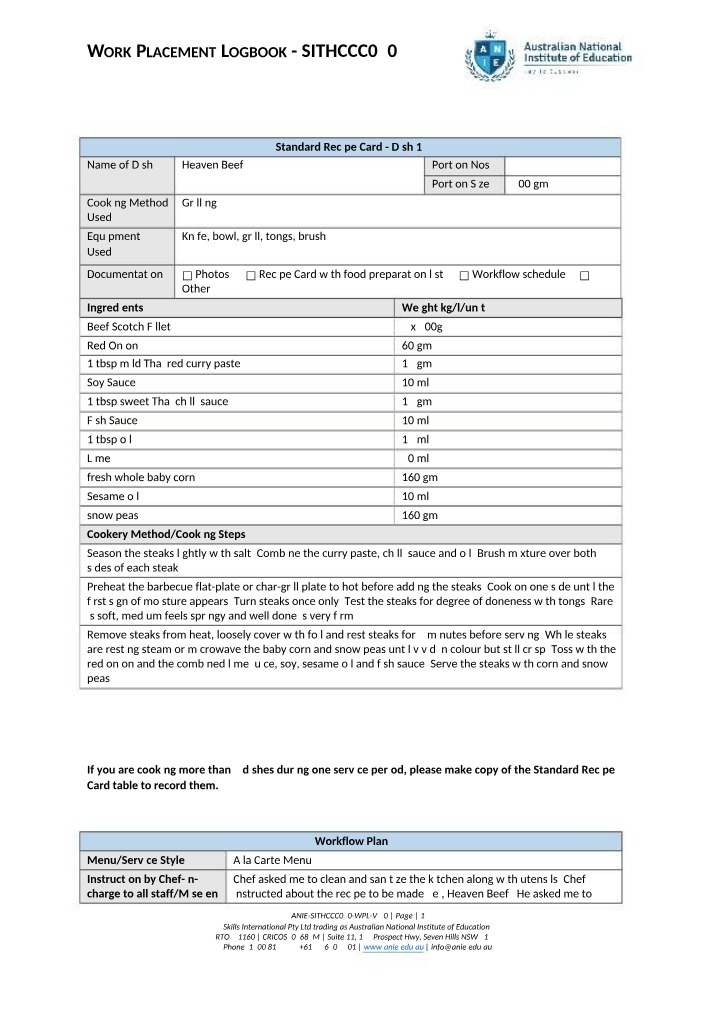 Work Placement Logbook SITHCCC020 Section B