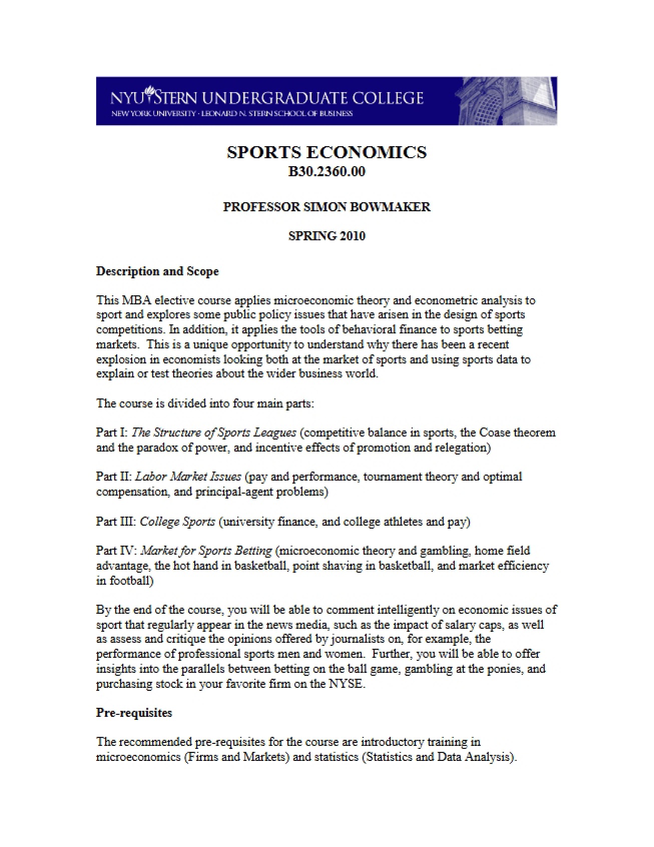 Syllabus for Sports Economics
