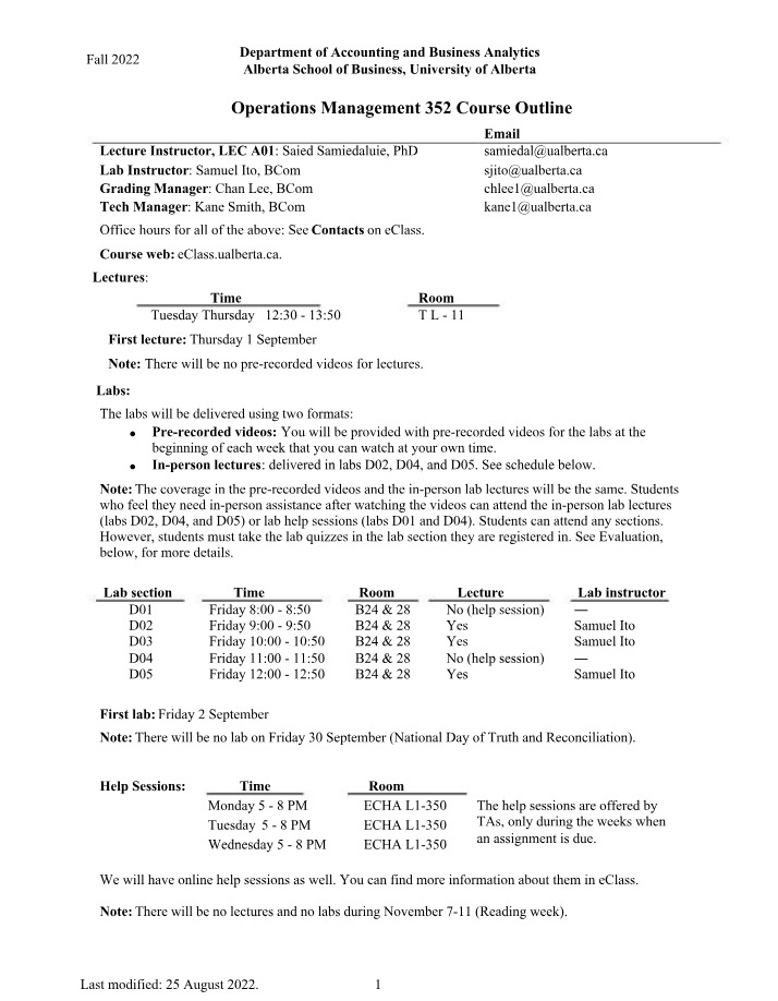 Fall 2022 Course Outline for Operations Management 352