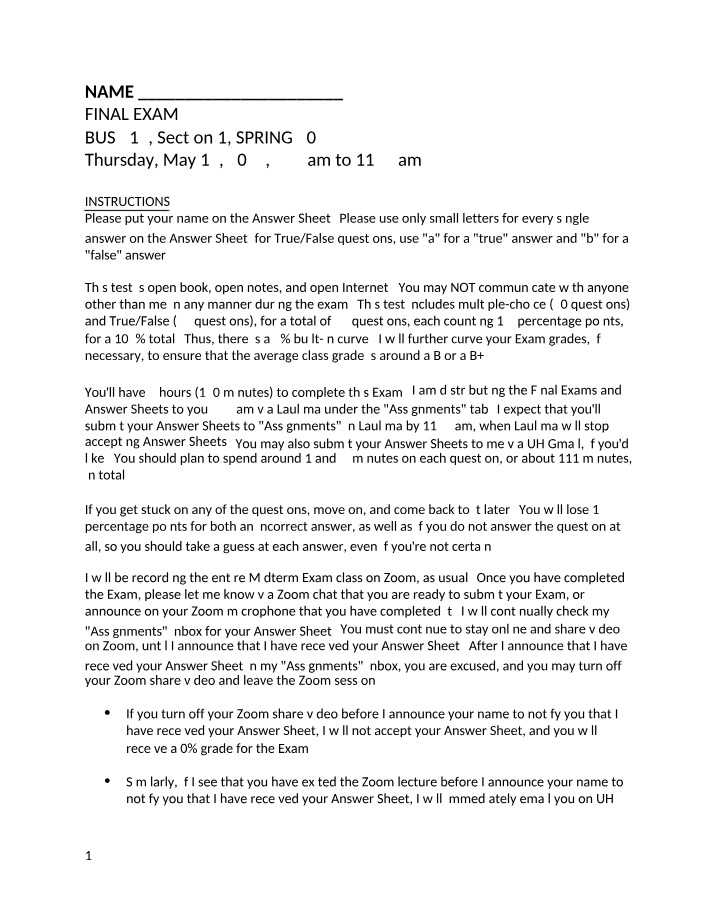 BUS 315 Spring 2022 Section 1 Final Exam