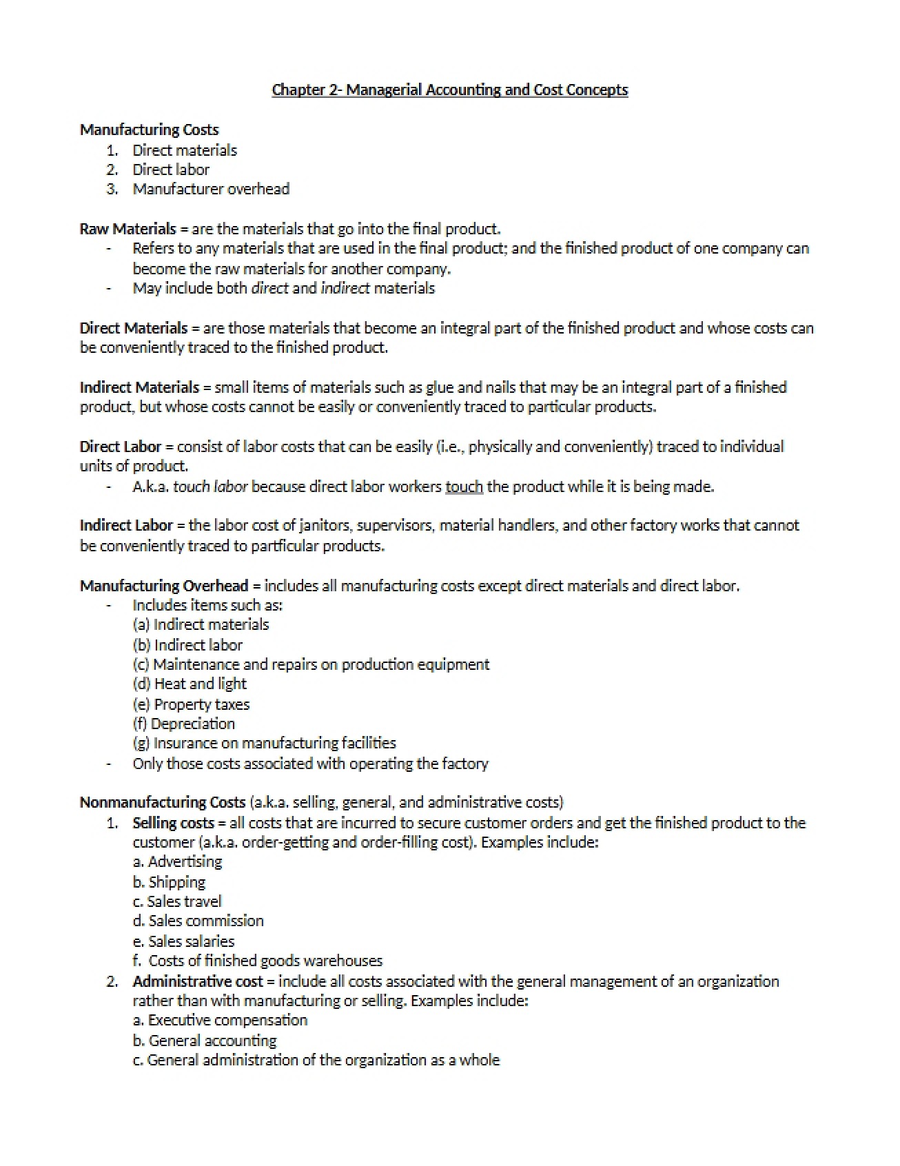 Chapter 2 Managerial Accounting and Cost Concepts