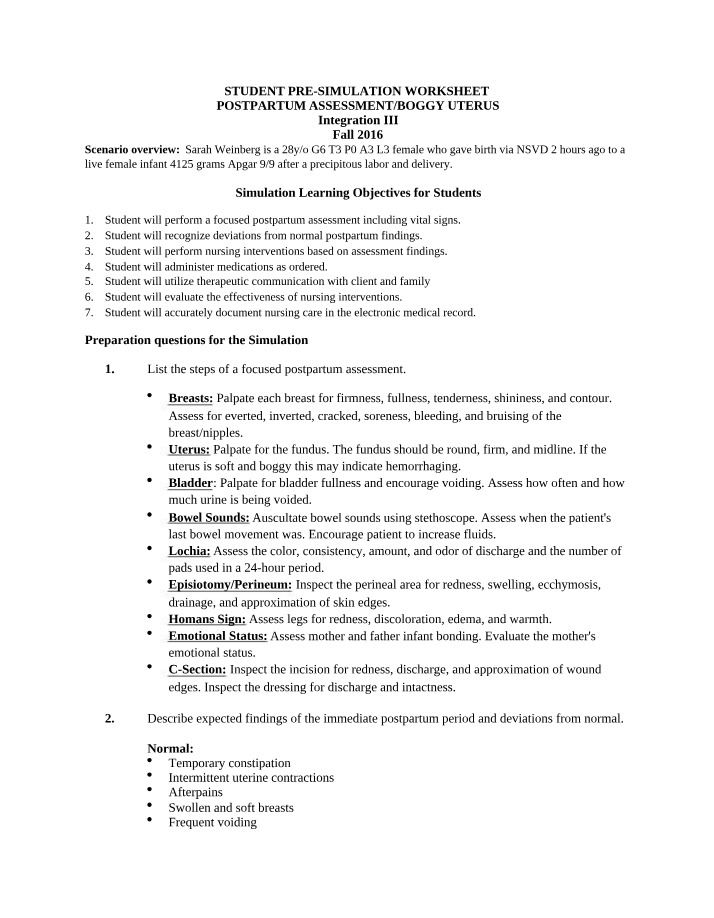 Postpartum Assessment Findings and Nursing Interventions